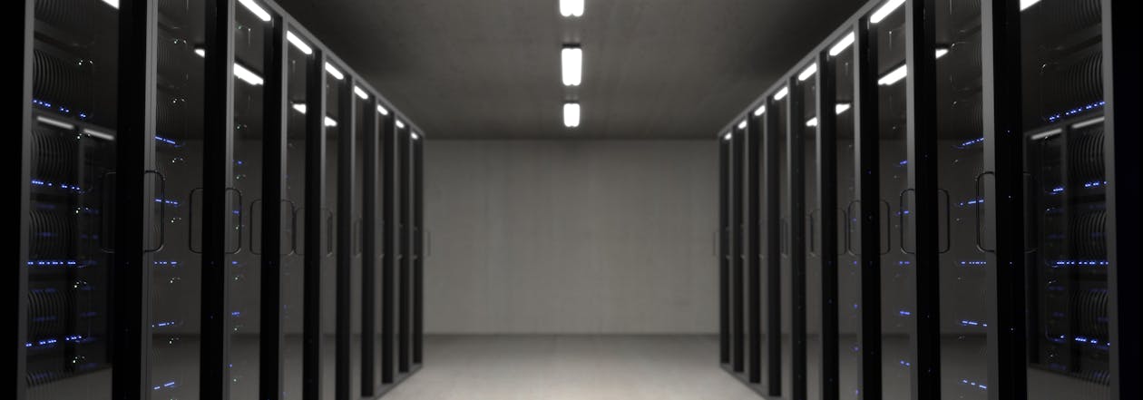 Server room with blue LED lights representing cloud infrastructure used by threat actors